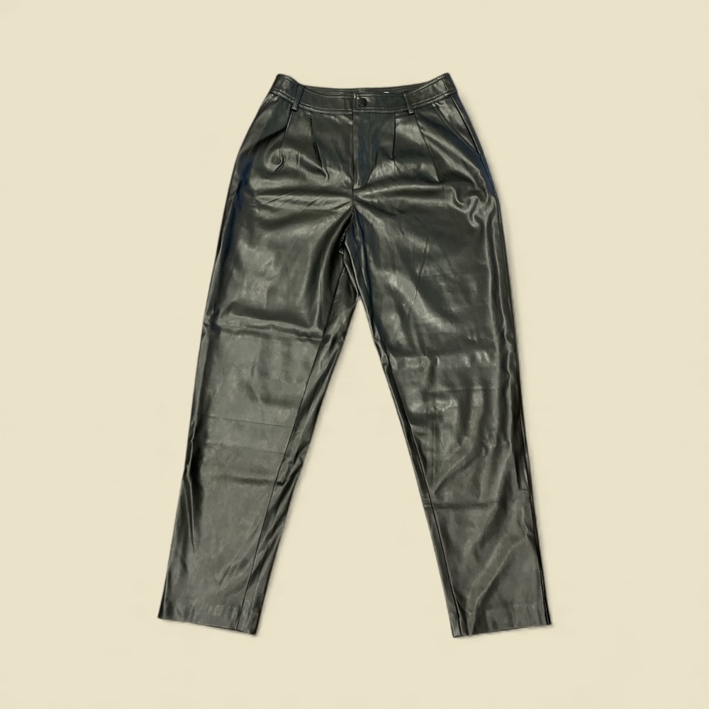 MNG Casual Black Vegan Leather High Rise Pleated Pant 4
